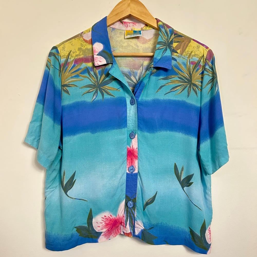 Sea Suns Vintage Tropical Floral Short Sleeve Button Up‎ Blue Medium Excellent
